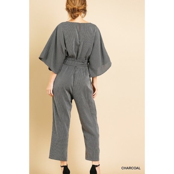 Umgee | Carmen Pinstripe Jumpsuit Paperbag Wide Sleeve Charcoal Black New Medium - Picture 9 of 15